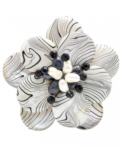 Wild & Stylish Black & White Pearls with Painted Stripes on Mother of Pearl Seashell Floral Brooch Pin for Retro Zebra or Ani...