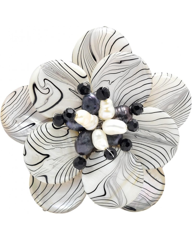 Wild & Stylish Black & White Pearls with Painted Stripes on Mother of Pearl Seashell Floral Brooch Pin for Retro Zebra or Ani...