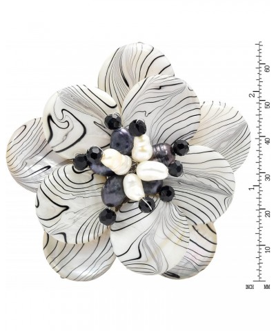 Wild & Stylish Black & White Pearls with Painted Stripes on Mother of Pearl Seashell Floral Brooch Pin for Retro Zebra or Ani...