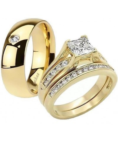 His and Her 14K Gold Plated Stainless Steel 3 Piece Wedding Engagement Ring and Men's Band Set Women's Size 10 Men's Size 06 ...