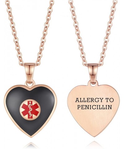 Free Engraving Heart Charm Medical ID Alert Necklaces for Women ROSE GOLD / BLACK allergy to penicillin $12.37 Necklaces