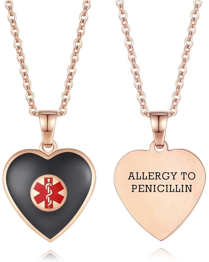 Free Engraving Heart Charm Medical ID Alert Necklaces for Women ROSE GOLD / BLACK allergy to penicillin $12.37 Necklaces