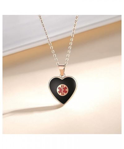 Free Engraving Heart Charm Medical ID Alert Necklaces for Women ROSE GOLD / BLACK allergy to penicillin $12.37 Necklaces