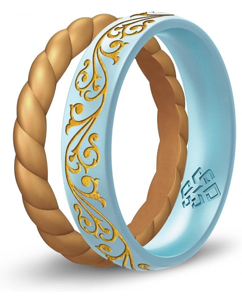 2-Pack Set of Filigree, Floral, or Laurel Leaf Silicone Ring, with Gold Thin Stackable Ring - Gold Inlay Engraved Silicone We...