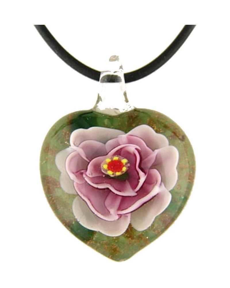 Pink Murano-style Glass Rose Flower Heart Pendant Rubber Cord Necklace, 18 $7.08 Necklaces