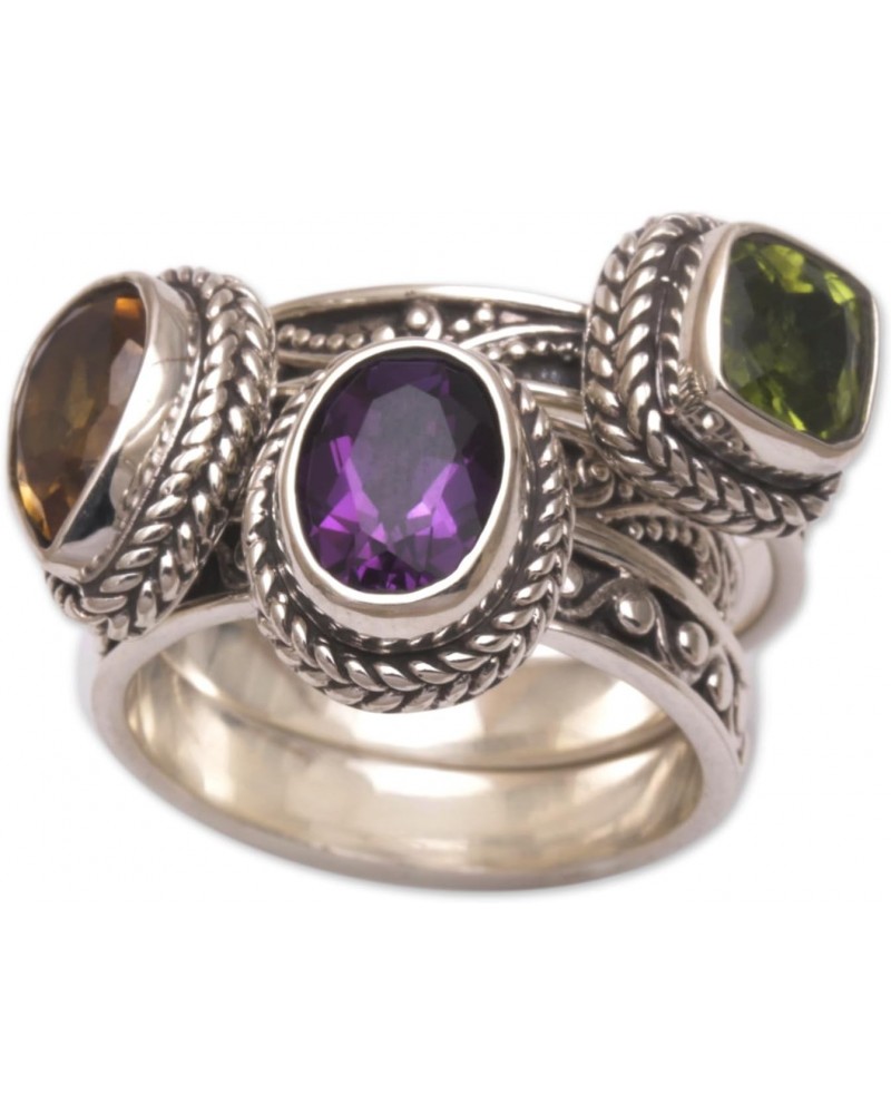 Artisan Handmade .925 Sterling Silver Multigemstone Stacking Rings Amethyst Citrine Peridot Cocktail Indonesia Birthstone 'Pe...