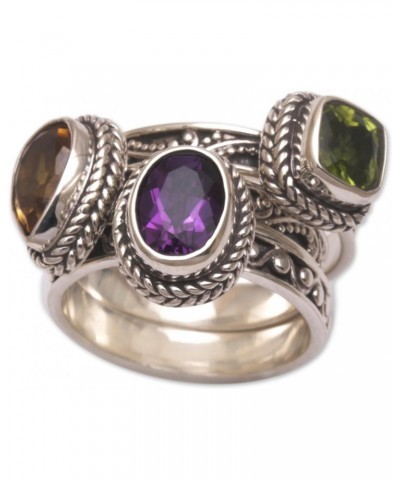 Artisan Handmade .925 Sterling Silver Multigemstone Stacking Rings Amethyst Citrine Peridot Cocktail Indonesia Birthstone 'Pe...