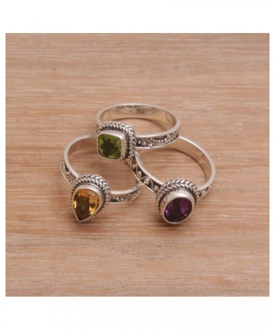 Artisan Handmade .925 Sterling Silver Multigemstone Stacking Rings Amethyst Citrine Peridot Cocktail Indonesia Birthstone 'Pe...