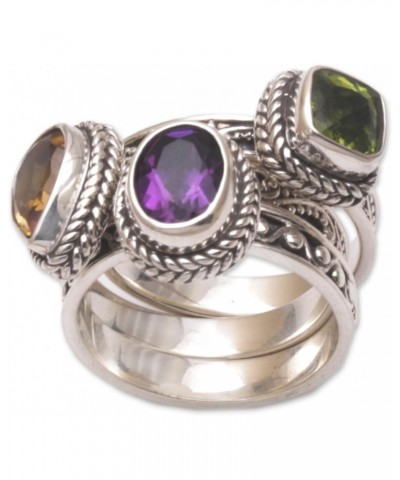 Artisan Handmade .925 Sterling Silver Multigemstone Stacking Rings Amethyst Citrine Peridot Cocktail Indonesia Birthstone 'Pe...