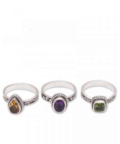 Artisan Handmade .925 Sterling Silver Multigemstone Stacking Rings Amethyst Citrine Peridot Cocktail Indonesia Birthstone 'Pe...