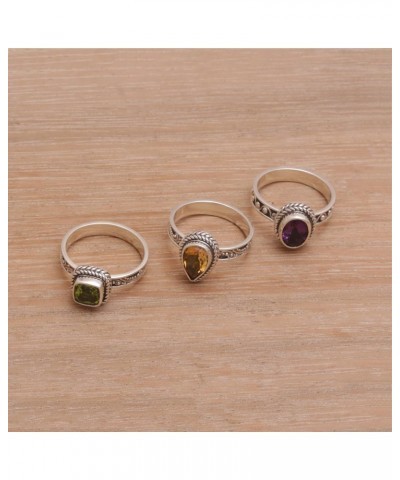 Artisan Handmade .925 Sterling Silver Multigemstone Stacking Rings Amethyst Citrine Peridot Cocktail Indonesia Birthstone 'Pe...