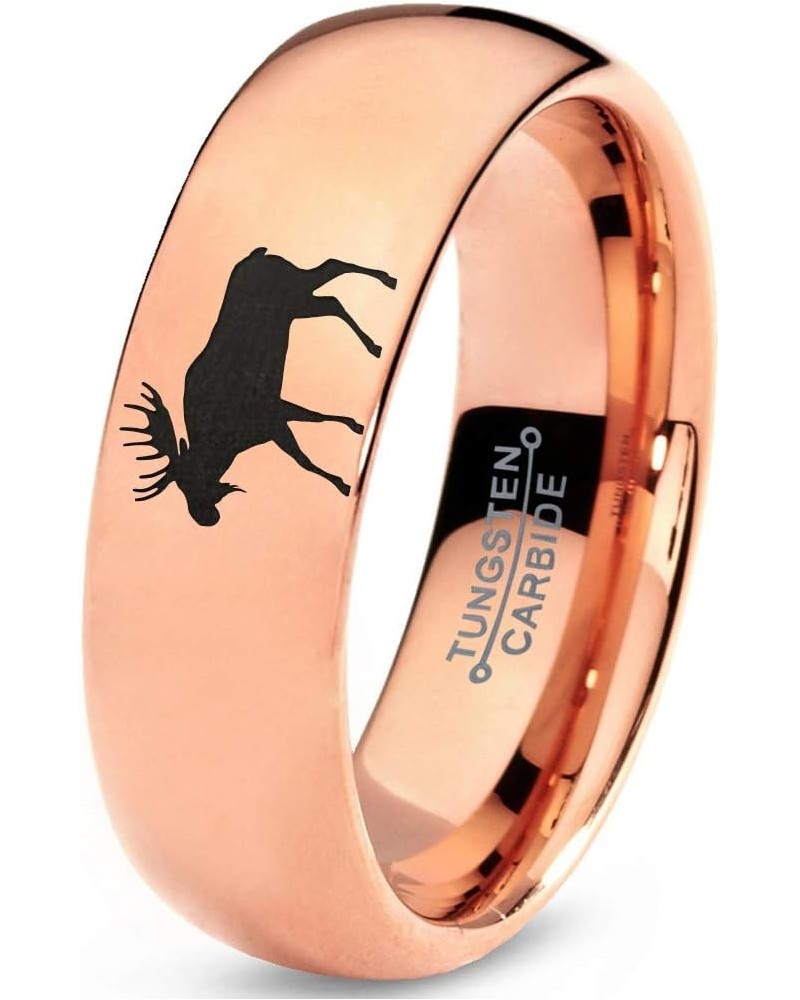 Elk Moose Walking Ring - Tungsten Band 8mm - Men - Women - 18k Rose Gold Step Bevel Edge - Yellow - Grey - Blue - Black - Bru...