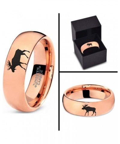 Elk Moose Walking Ring - Tungsten Band 8mm - Men - Women - 18k Rose Gold Step Bevel Edge - Yellow - Grey - Blue - Black - Bru...