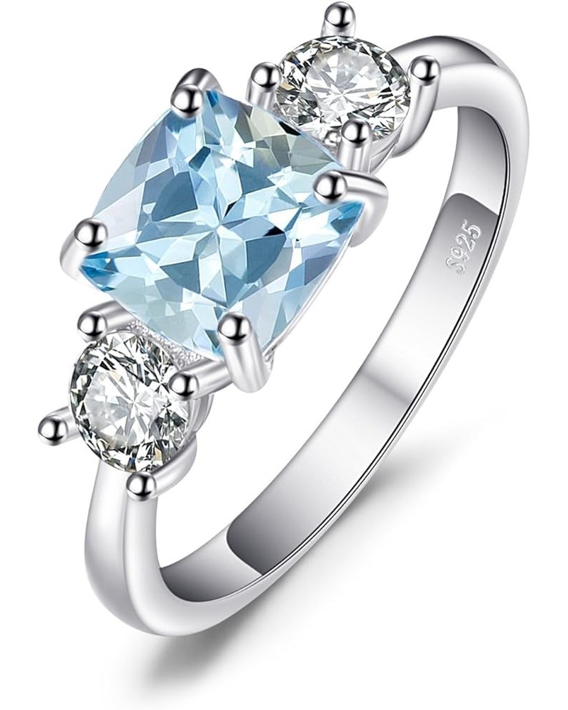 Cushion Cut 2.6ct Genuine Blue Topaz 3 stones Rings for Her, 14K White Yellow Rose Gold Plated 925 Sterling Silver Promise Ri...