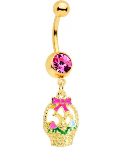 Womens 14G PVD Steel Navel Ring Piercing Pink Accent Basket Bunny Dangle Belly Button Ring Pink $11.79 Body Jewelry