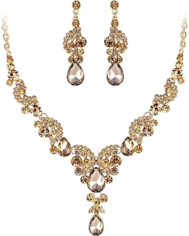 Rhinestone Crystal Bridal Floral Wave Teardrop Necklace Earrings Set 17_Brown Gold-Tone $14.39 Jewelry Sets