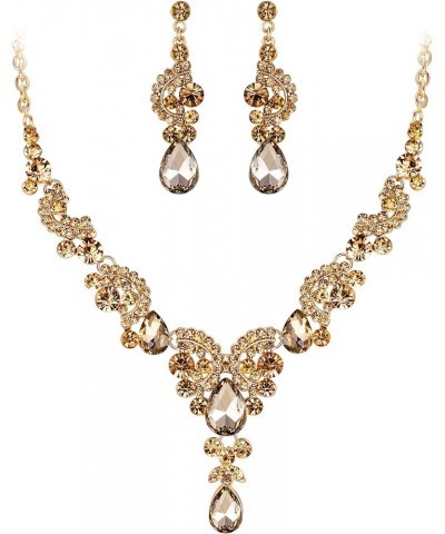 Rhinestone Crystal Bridal Floral Wave Teardrop Necklace Earrings Set 17_Brown Gold-Tone $14.39 Jewelry Sets