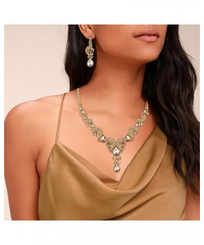 Rhinestone Crystal Bridal Floral Wave Teardrop Necklace Earrings Set 17_Brown Gold-Tone $14.39 Jewelry Sets