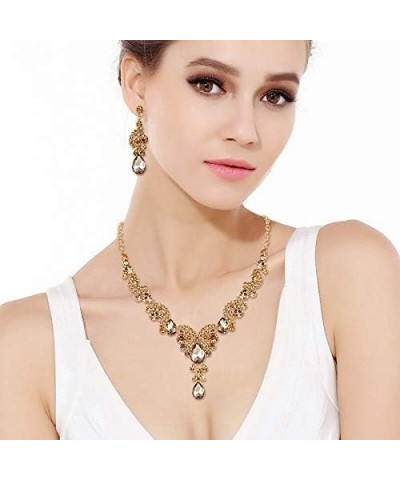 Rhinestone Crystal Bridal Floral Wave Teardrop Necklace Earrings Set 17_Brown Gold-Tone $14.39 Jewelry Sets