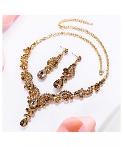 Rhinestone Crystal Bridal Floral Wave Teardrop Necklace Earrings Set 17_Brown Gold-Tone $14.39 Jewelry Sets