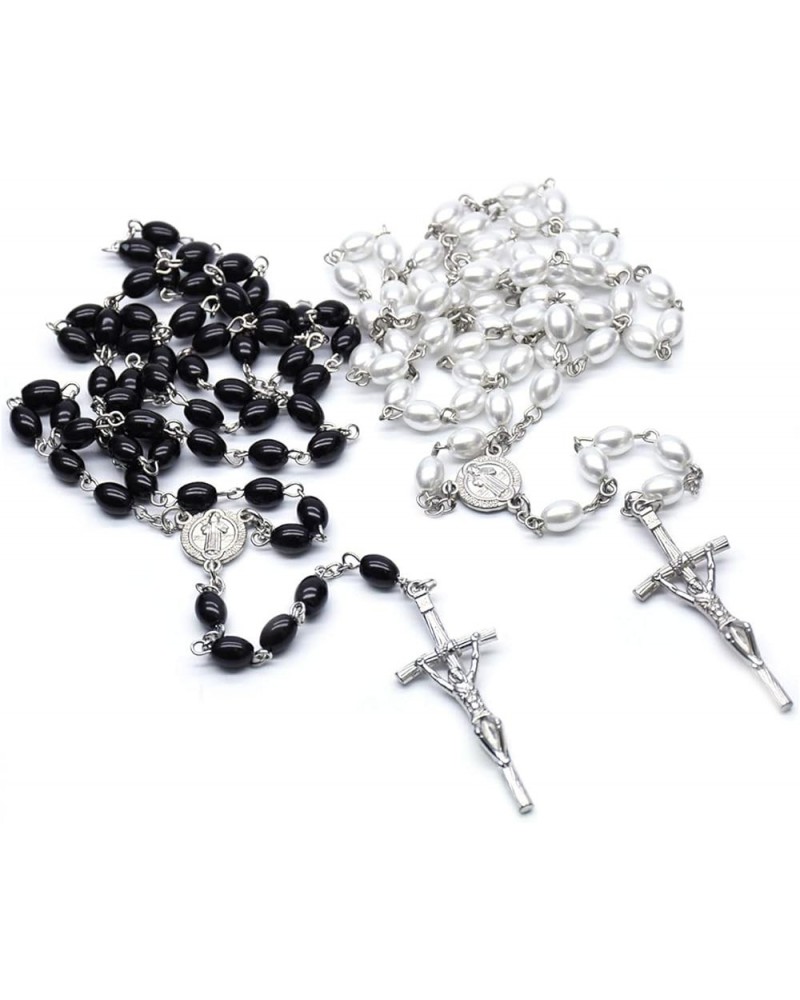 2 Pcs Rosary Bead Cross Catholic Necklace Set（Black and White）with Jesus Crucifix, Multicolor Rose Necklace Jewelry Rosary Be...