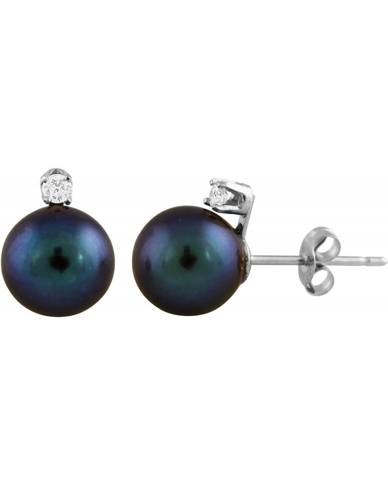 14K Yellow Gold AAA Quality Genuine Akoya Saltwater Cultured Pearl and Diamond Stud Earrings for Women Black Pearl | 7.0-7.5m...