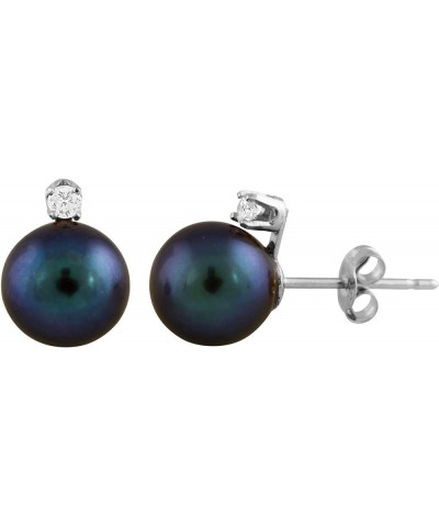 14K Yellow Gold AAA Quality Genuine Akoya Saltwater Cultured Pearl and Diamond Stud Earrings for Women Black Pearl | 7.0-7.5m...