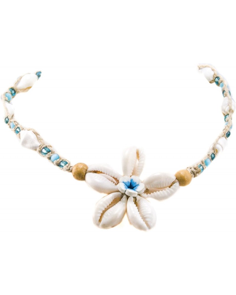 Hemp Choker Necklace with Cowrie and Fimo Flower Pendant Turquoise Glass and Light Blue Catseye Beads $8.97 Necklaces