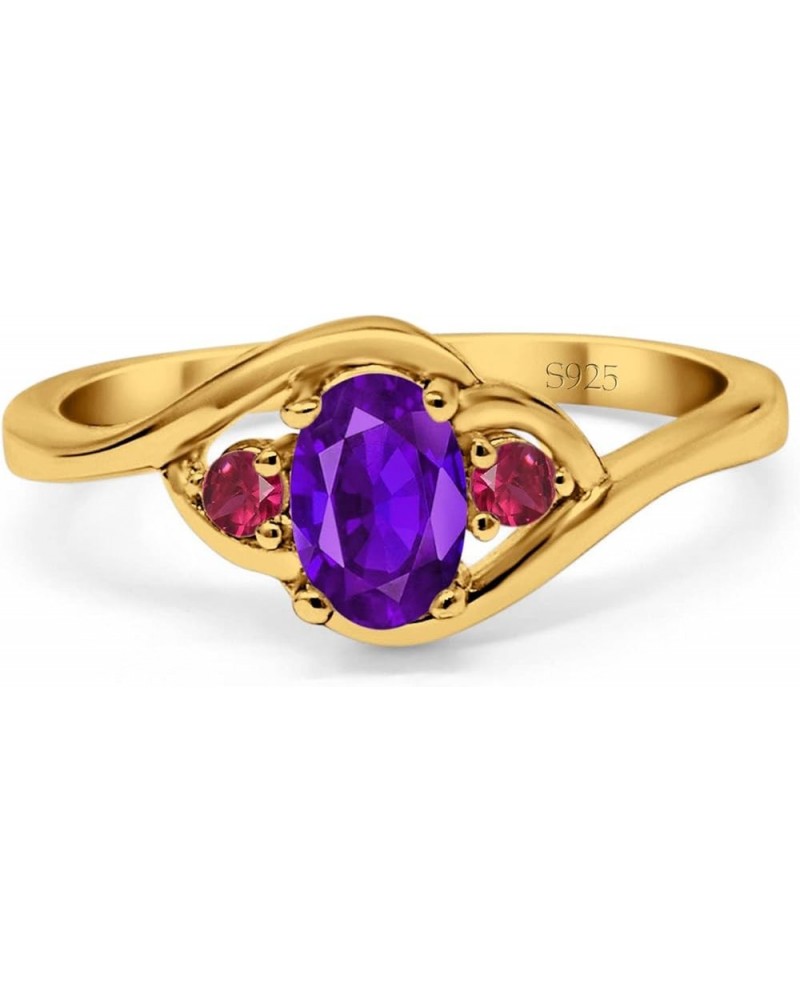 Three Stone Engagement Ring Oval Cut Round Simulated Ruby Cubic Zirconia 925 Sterling Silver Yellow Tone, Simulated Amethyst ...