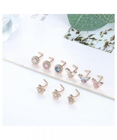 9PCS Nose Ring Stud for Women 20G Stainless Steel L-Shape Nose Rings CZ Butterfly Snowflake Nose Studs Assorted Nose Piercing...