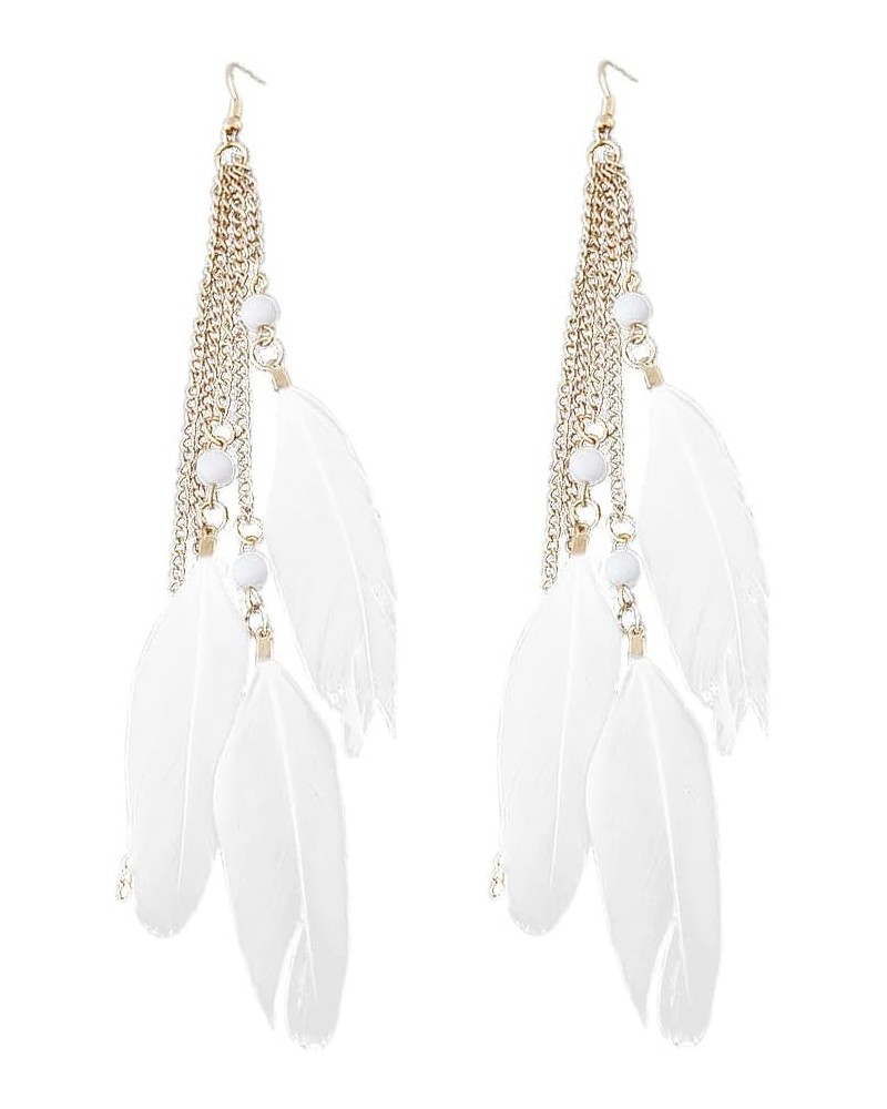 1 Pair Feather Dangle Earrings Bohemian Style Women Jewelry 3 Big Feather Tassel Hook Ear Stud Earrings with Beads- White $6....