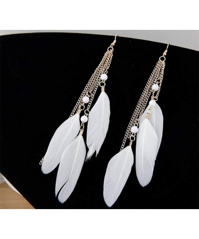 1 Pair Feather Dangle Earrings Bohemian Style Women Jewelry 3 Big Feather Tassel Hook Ear Stud Earrings with Beads- White $6....