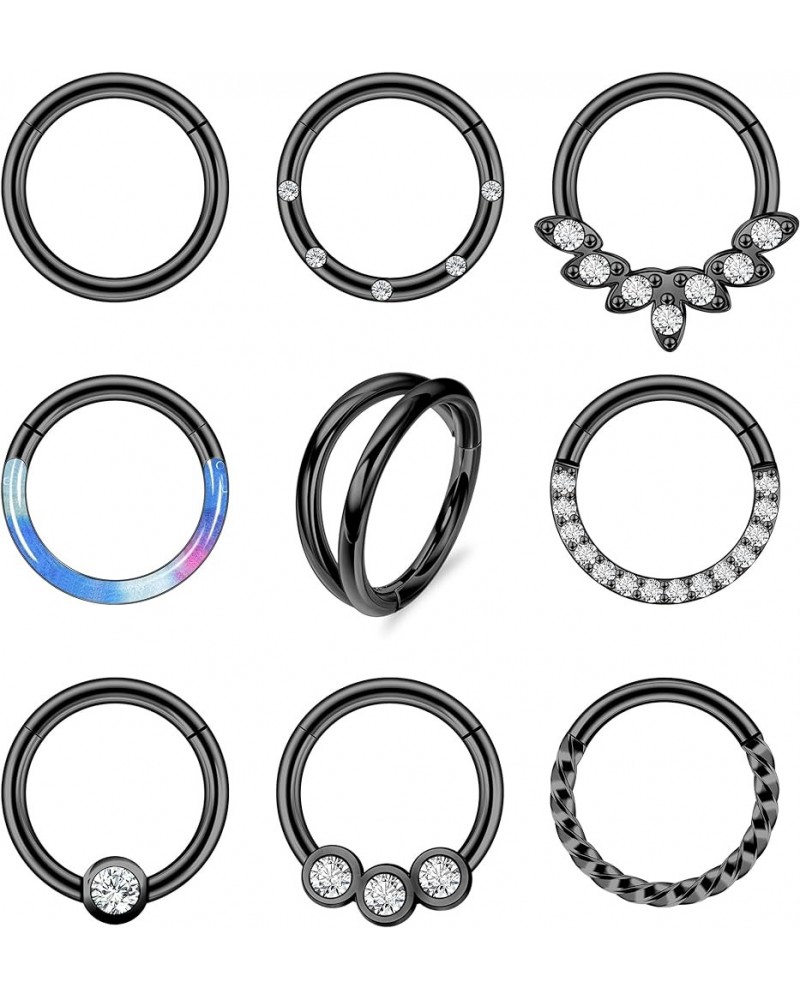 9PCS 16G 316L Stainless Steel Small Clicker Hinged Septum Rings for Women Men CZ Tiny Septum Nose Hoops Seamless Hinged Segme...