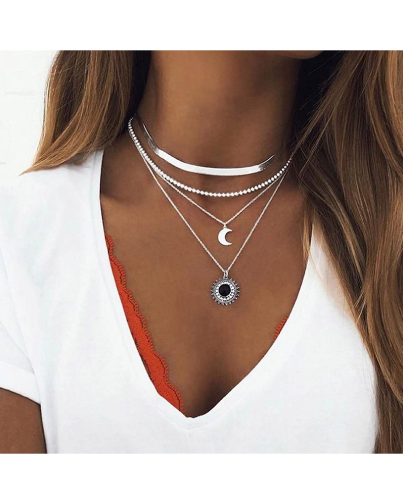 Layered Flower Pendant Necklaces Silver Fashion Moon Choker Necklace Chain Adjustable Jewelry for Women and Girls $6.97 Neckl...