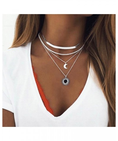 Layered Flower Pendant Necklaces Silver Fashion Moon Choker Necklace Chain Adjustable Jewelry for Women and Girls $6.97 Neckl...