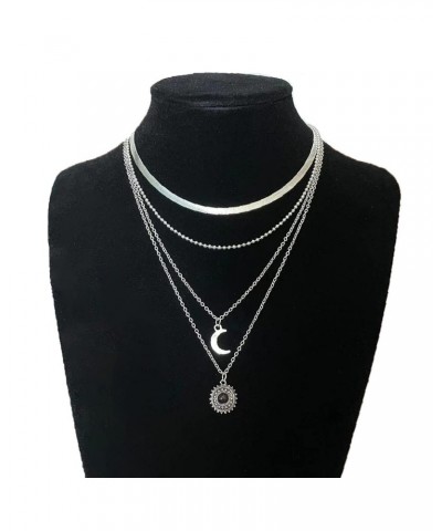 Layered Flower Pendant Necklaces Silver Fashion Moon Choker Necklace Chain Adjustable Jewelry for Women and Girls $6.97 Neckl...