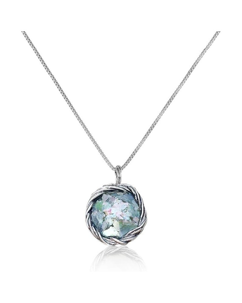 Paz Creations Roman Glass Pendant Necklace For Women | Sterling Silver Organic Design | 18" Box Chain Hypoallergenic $45.04 N...