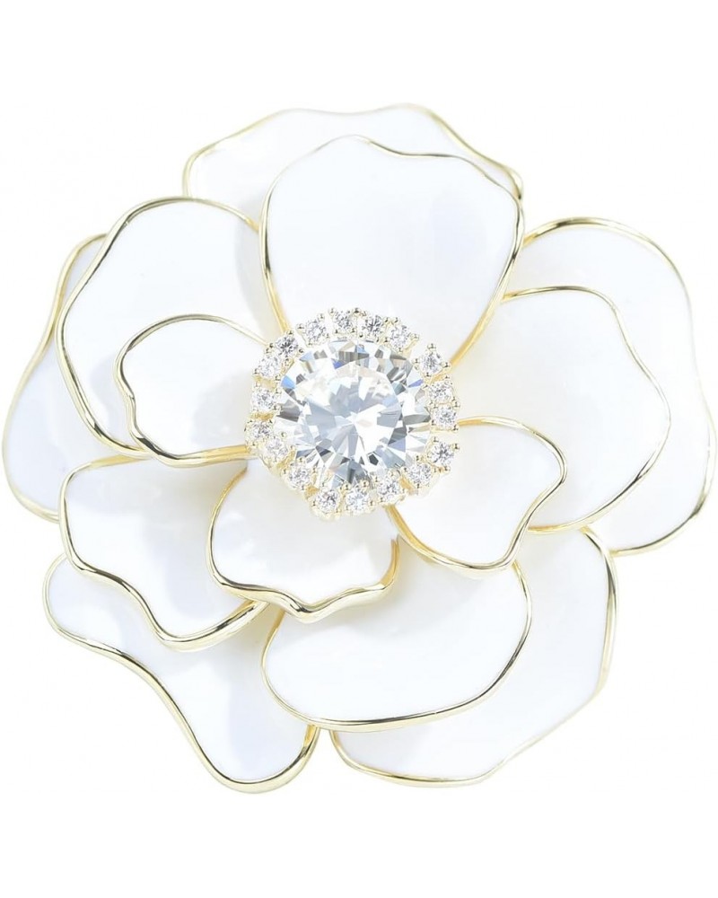 Enamel Camellia Flower Brooch Pin Crystal Blooming Rose Floral Pins Corsage Wedding Party Jewelry for Women Girl CZ&White $16...