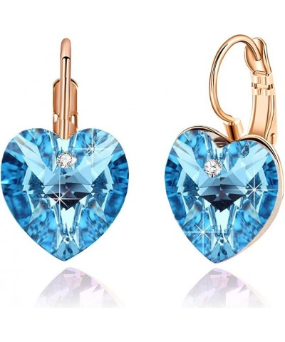 Austrian Crystal Heart Drop Leverback Earrings for Women 14K Rose Gold Plated Hypoallergenic Jewelry Aquamarine $10.35 Earrings