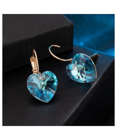 Austrian Crystal Heart Drop Leverback Earrings for Women 14K Rose Gold Plated Hypoallergenic Jewelry Aquamarine $10.35 Earrings