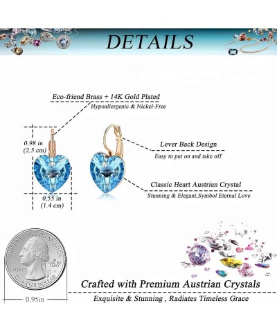 Austrian Crystal Heart Drop Leverback Earrings for Women 14K Rose Gold Plated Hypoallergenic Jewelry Aquamarine $10.35 Earrings