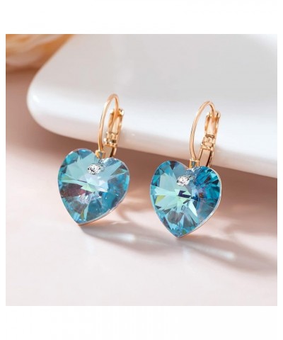 Austrian Crystal Heart Drop Leverback Earrings for Women 14K Rose Gold Plated Hypoallergenic Jewelry Aquamarine $10.35 Earrings