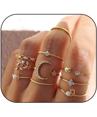 Boho Gold Stackable Ring Sets for Teen Girls,Retro Rhinestone Snake Moon Star Finger Rings Set,Knuckle Rings Trendy Stuff for...