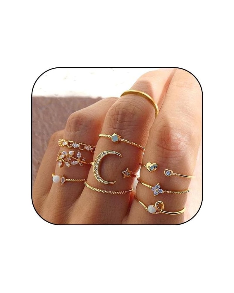 Boho Gold Stackable Ring Sets for Teen Girls,Retro Rhinestone Snake Moon Star Finger Rings Set,Knuckle Rings Trendy Stuff for...