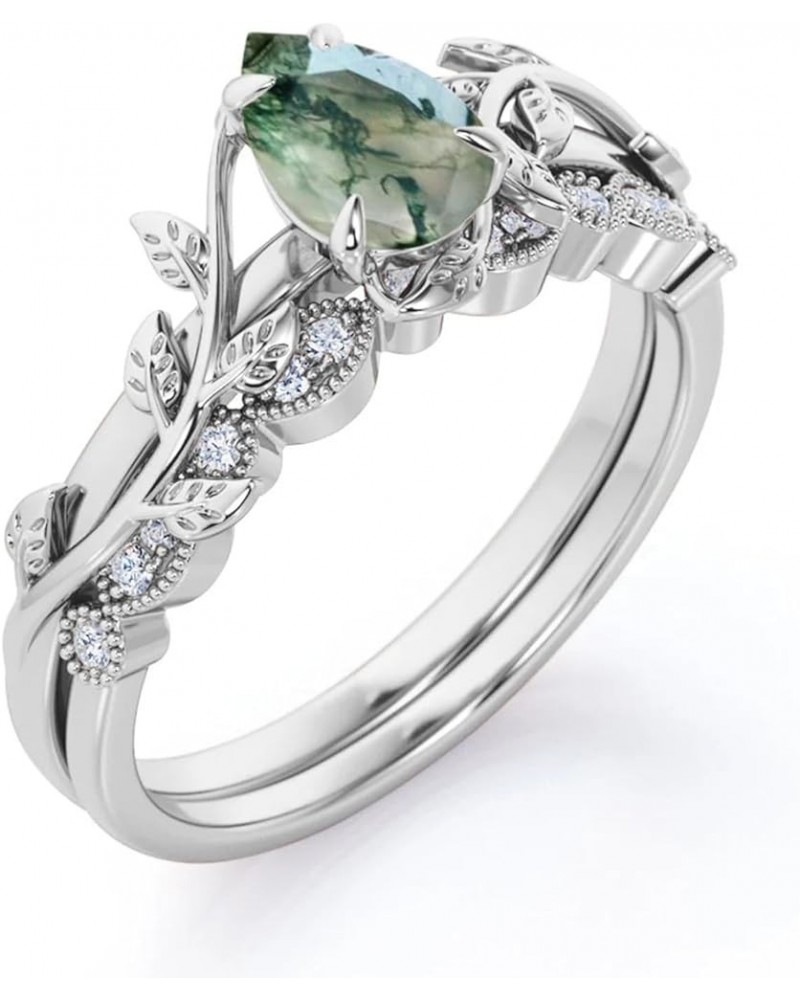 1.25 Ct Oval Cut Nature Inspired Green Moss Agate Bridal Set in White Gold/Rose Gold Leaf and Vine Gemstone Ring, Matching Sc...