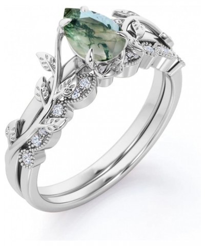 1.25 Ct Oval Cut Nature Inspired Green Moss Agate Bridal Set in White Gold/Rose Gold Leaf and Vine Gemstone Ring, Matching Sc...