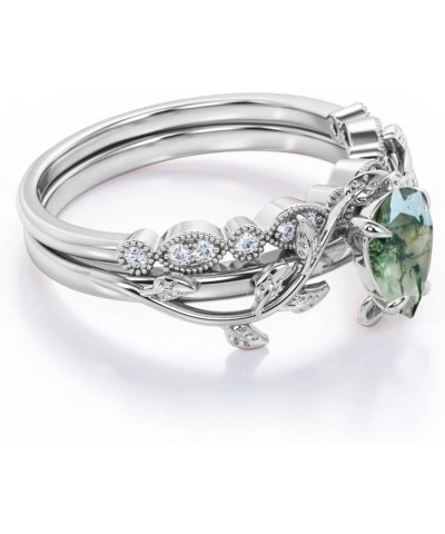 1.25 Ct Oval Cut Nature Inspired Green Moss Agate Bridal Set in White Gold/Rose Gold Leaf and Vine Gemstone Ring, Matching Sc...