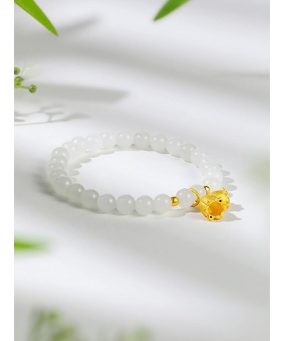 24K Solid Gold Bracelets, Real Pure Gold Jewelry White Nephrite Jade Beaded Bracelets Dainty Gold Fortune Plate Lotus for Wom...