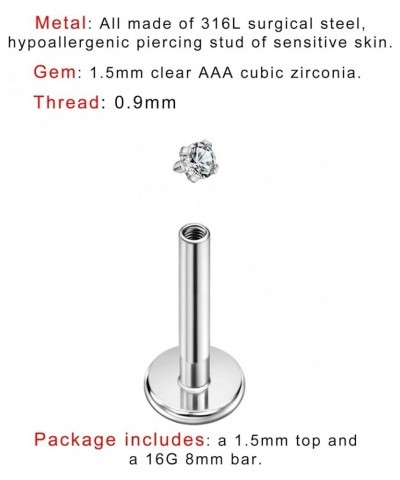 1 Piece 316L Surgical Steel Threaded Labret Studs for Ear and Nose Piercings Silver,1.5mm Clear Zircon,16g 8mm Post $8.11 Bod...