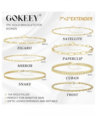 7pc Gold Bracelets for Women, 14K Real Gold Dainty Layered Cuban Link Paperclip Chain Herribone Bracelets Cute Stackable Gold...